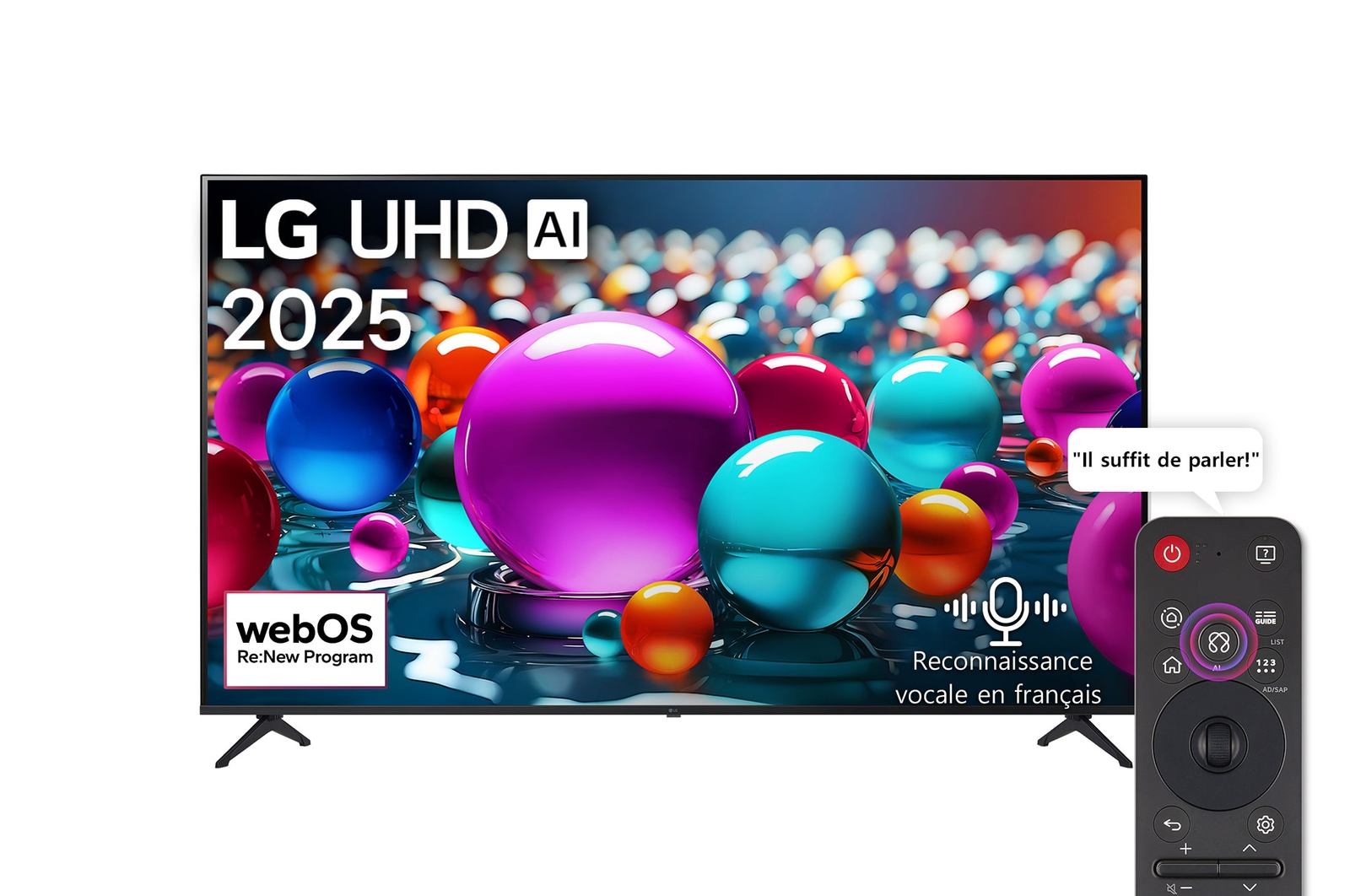 Vue avant d’une TV UHD UA75, logo LG UHD Al dans le coin supérieur. La LG UHD TV représente des textures colorées semblables à de la peinture, réunies.